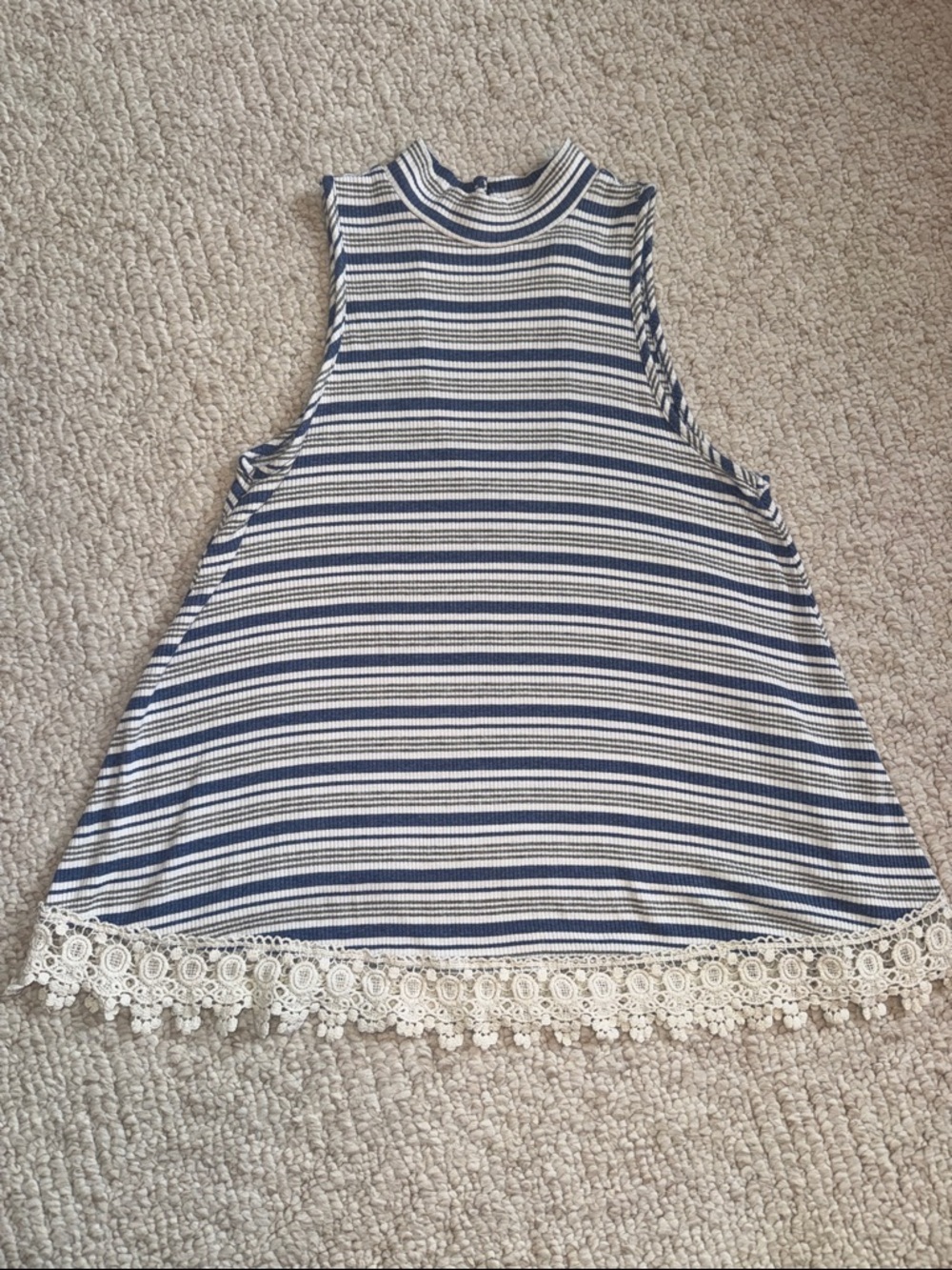 Altar’d State Striped Navy and White Crochet Trim Sleeveless Top